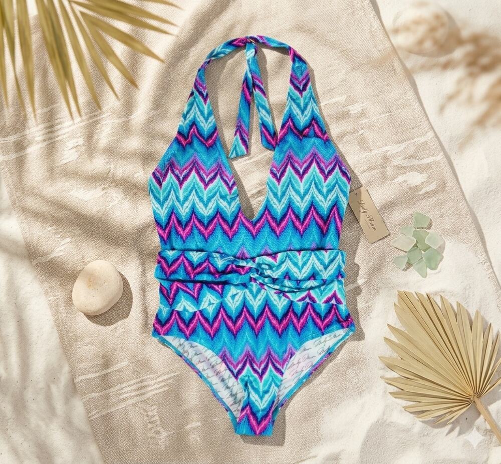 Marilyn Monroe Plunge Halter One Piece - Size M - Zig Zag Tropical Print - NWT
